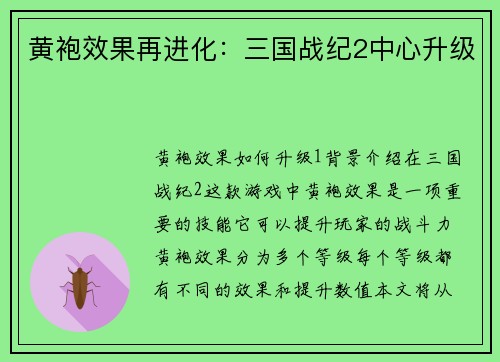 黄袍效果再进化：三国战纪2中心升级